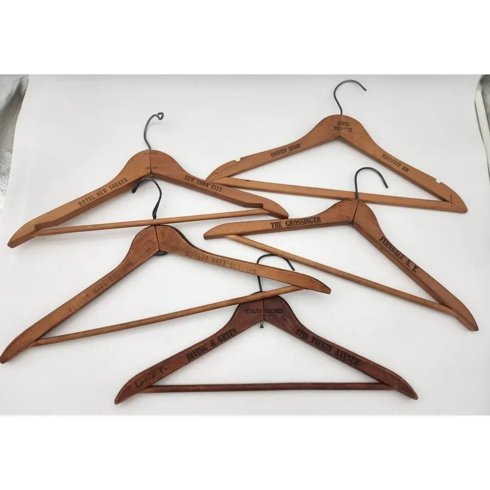 Vtg Lot of 5 Wood Coat Hangers Hotel Dept Store Advertising Syracuse New Yorker